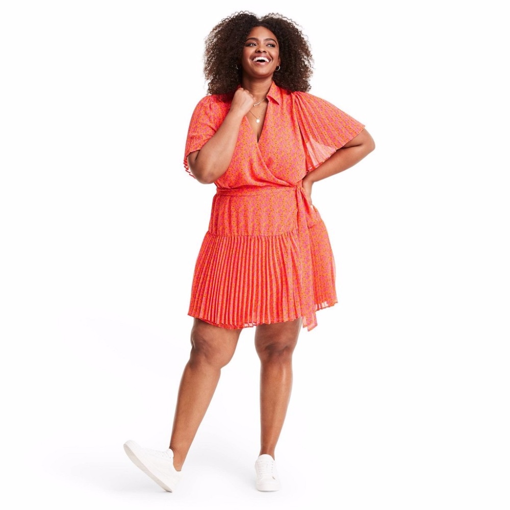 Plus Size Floral Flutter Sleeve Pleated Wrap Dress